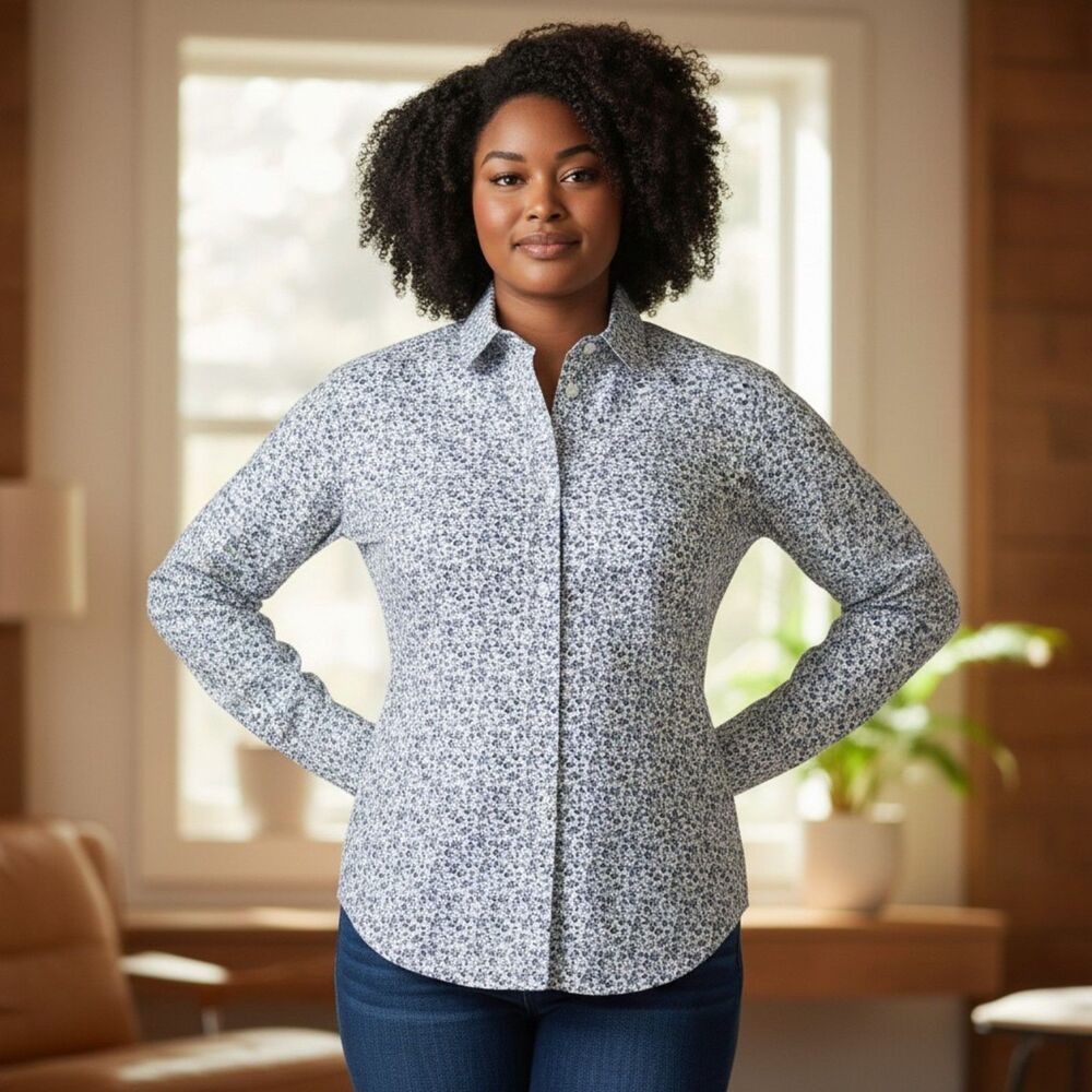 Jos A Banks Purple Floral Button Front Collared Shirt womens size XL Cotton Top
